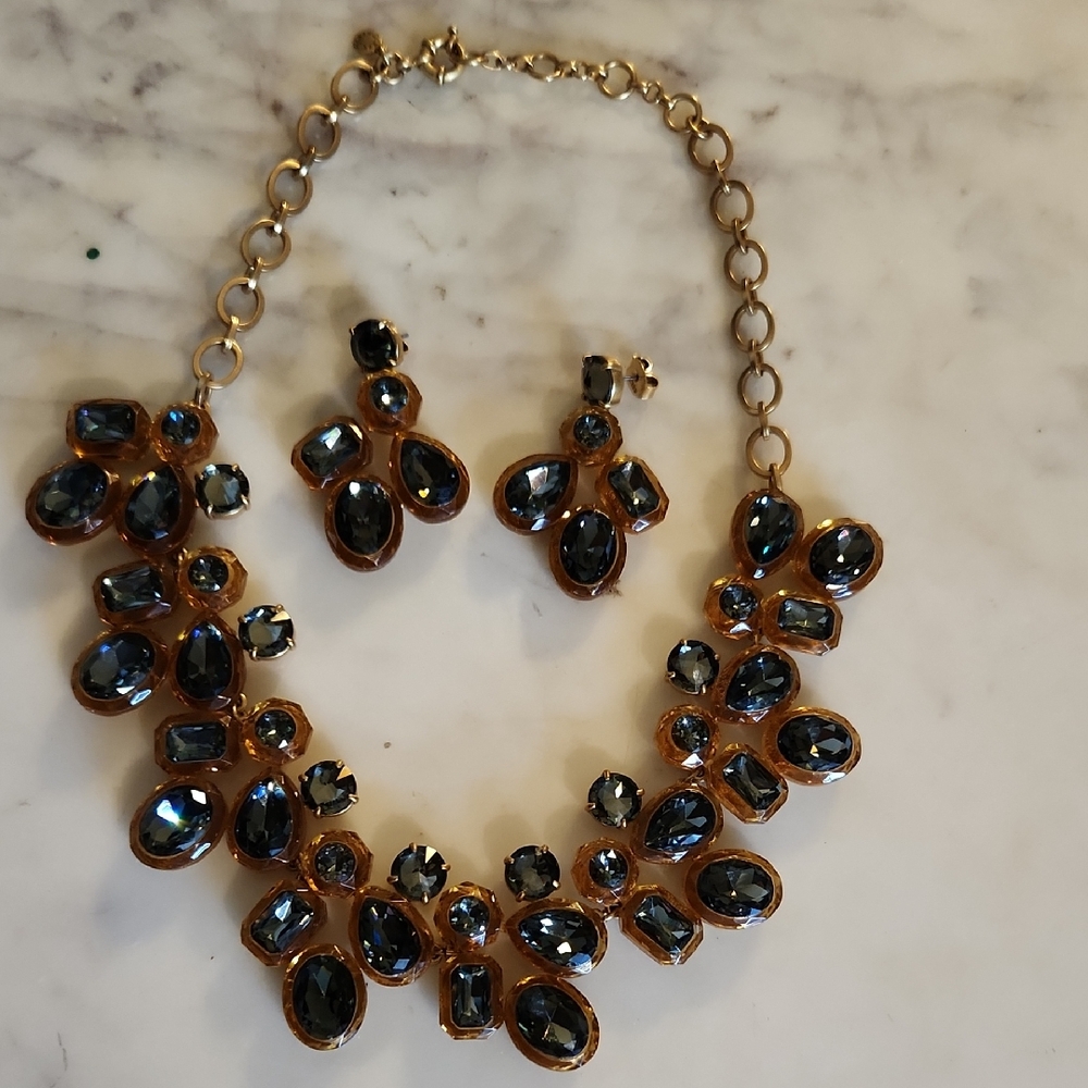J. Crew RARE Gold Statement Necklace & Earring with Black Gemstones